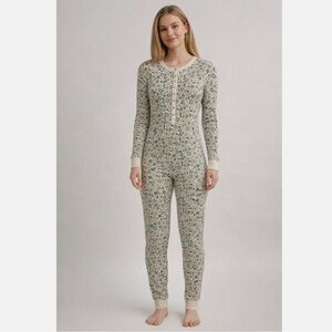 American Eagle Outfitters Women’s Onesie in Cream and Green Snowflake Pattern